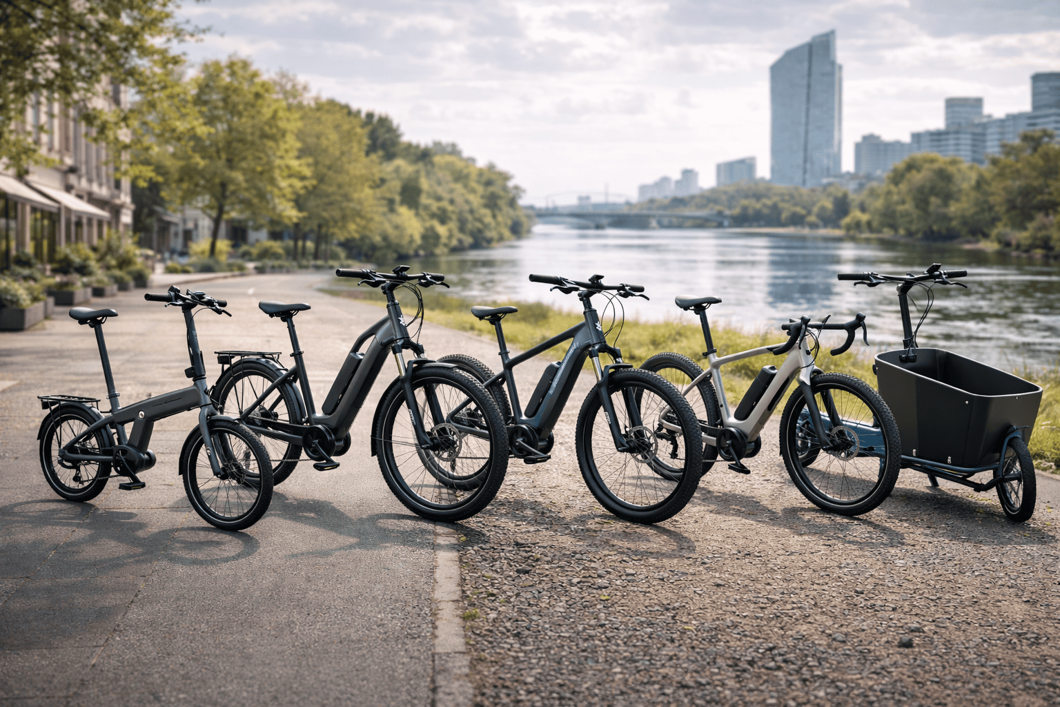 Cinq vélos électriques en milieu urbain