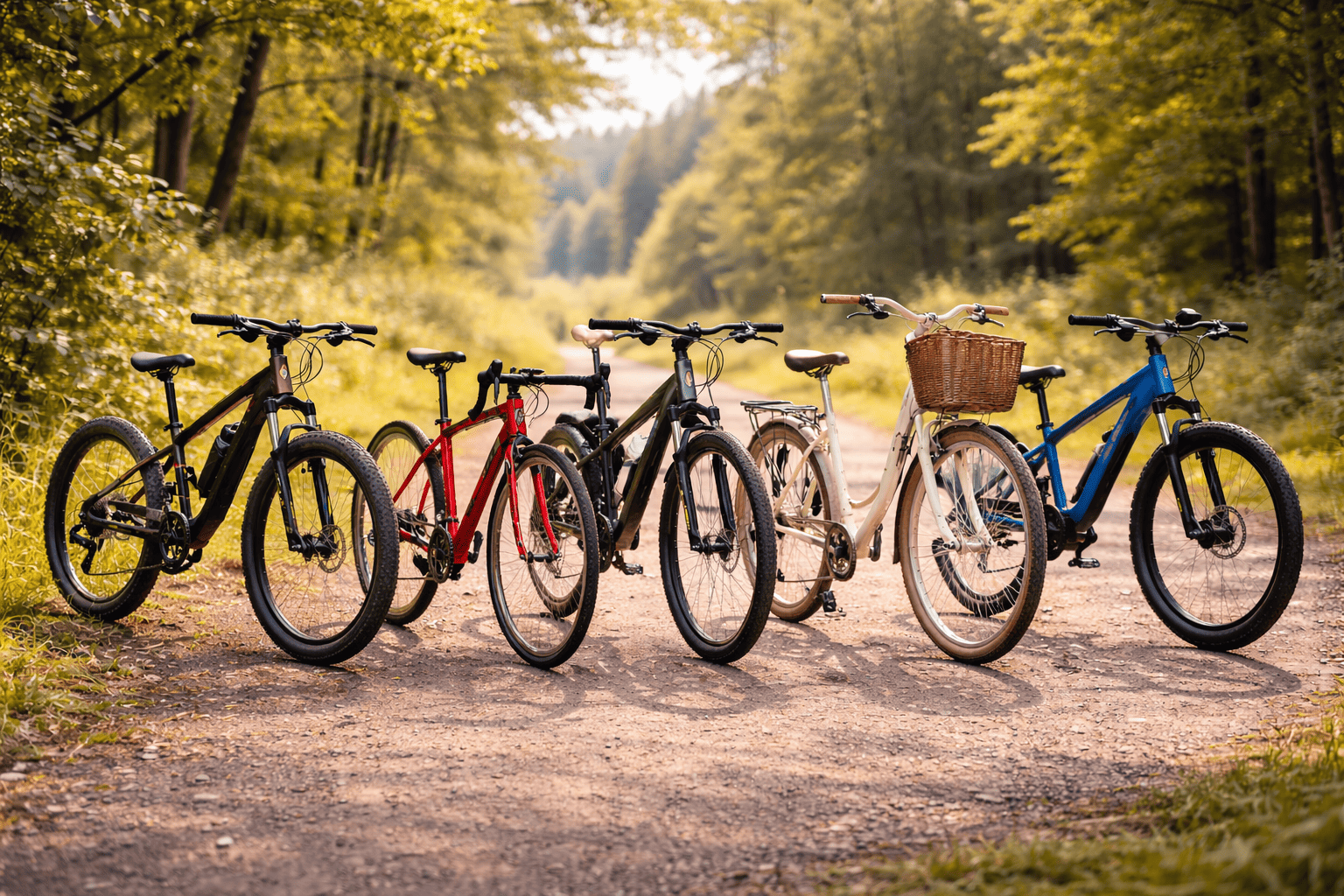 Cinq vélos sous la lumière du soleil