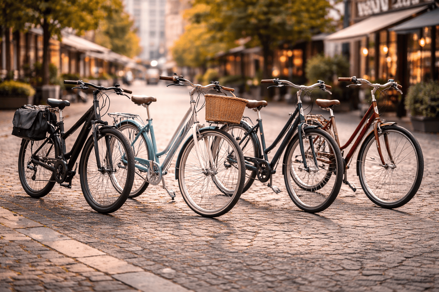 Cinq vélos de ville sur un chemin pavé
