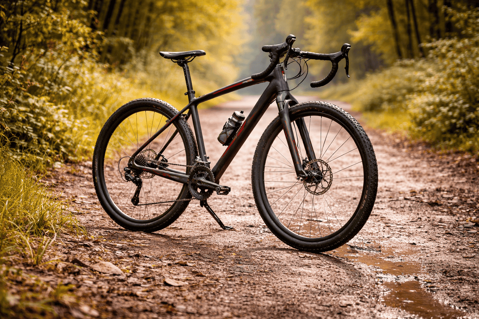 Gravel bike sur un chemin forestier ensoleillé